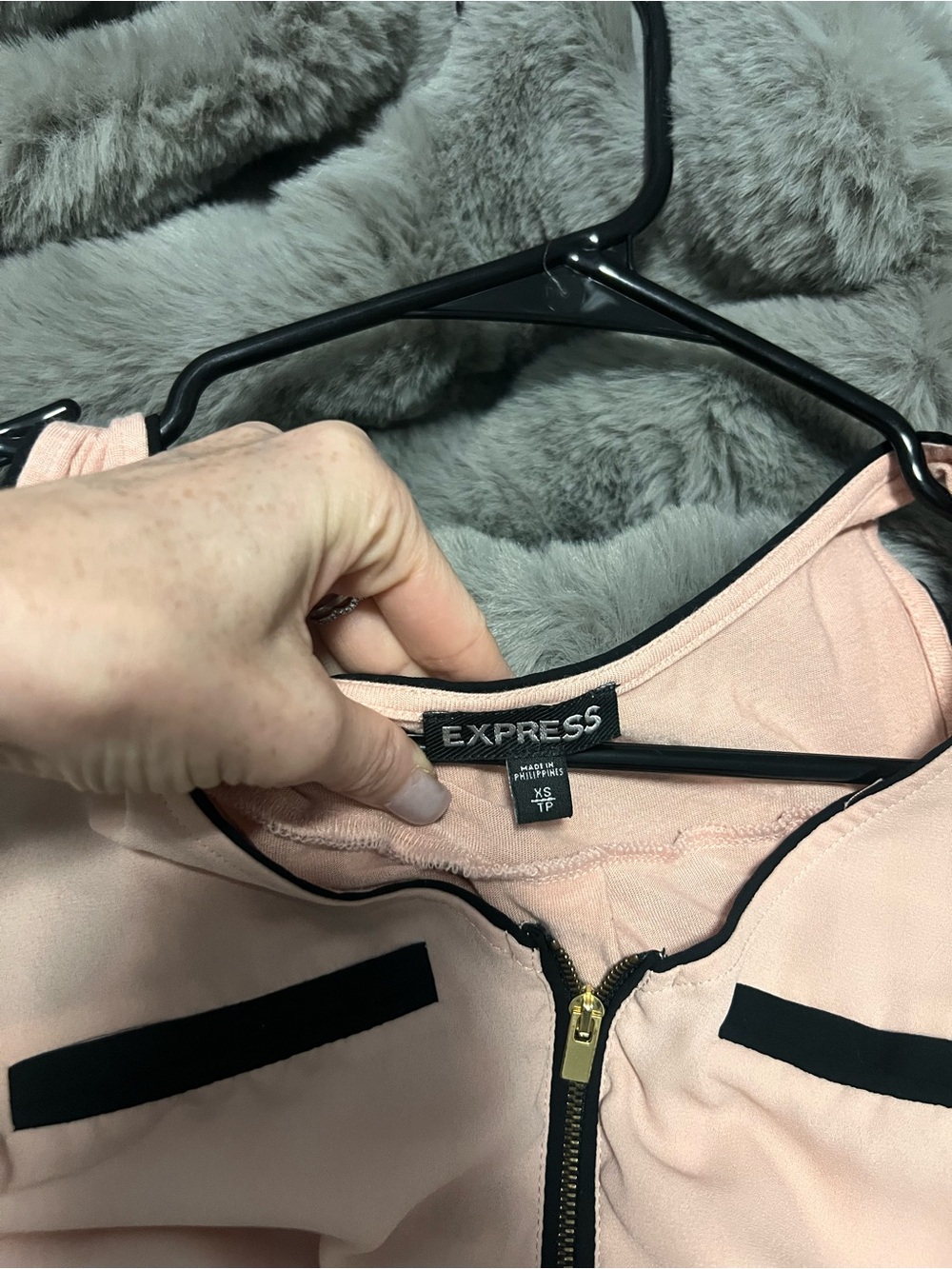 Express Blush Pink Jacket with Black Trim and Gold Zipper